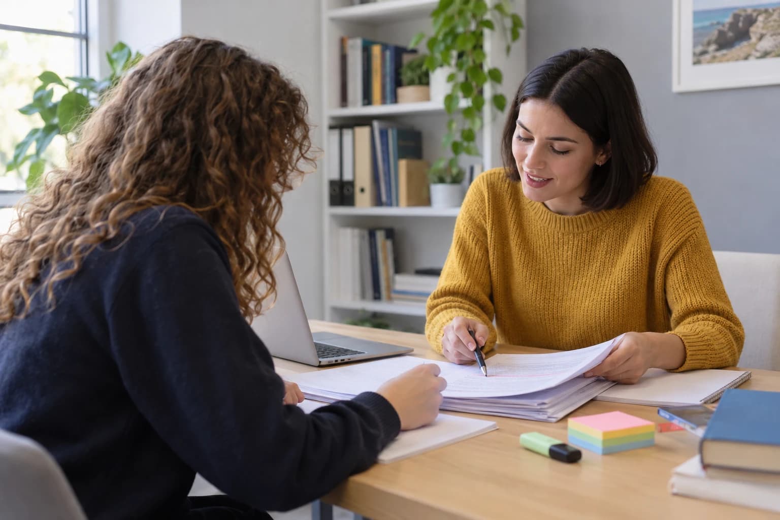 A tutor going through exam papers with a senior student