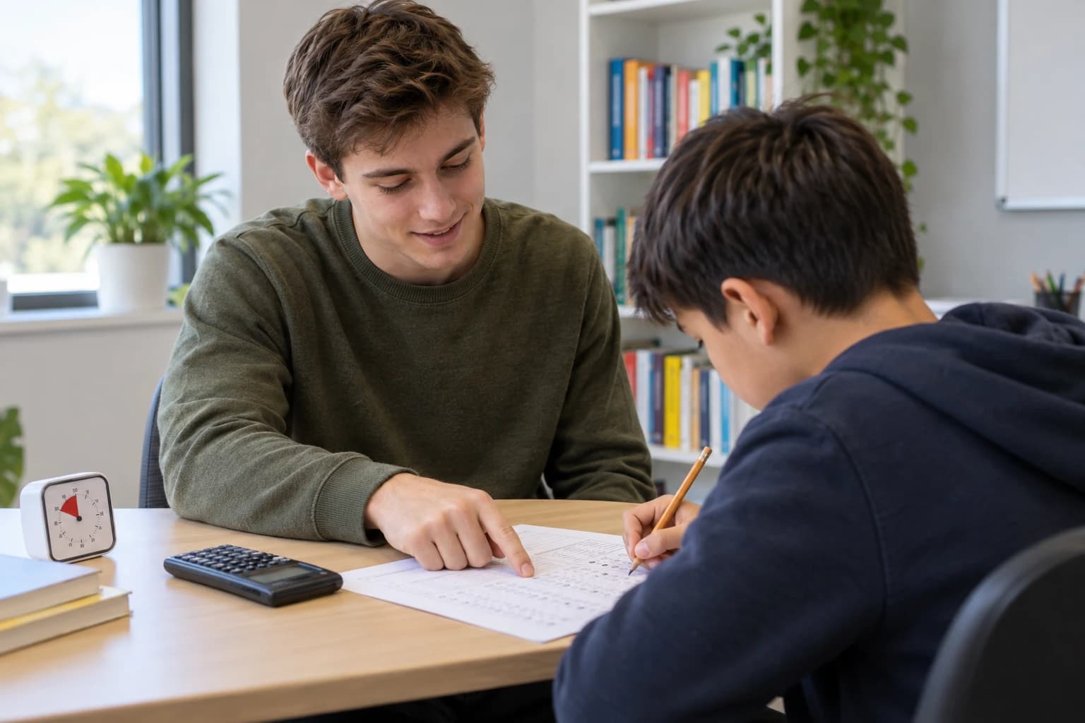 A tutor guiding a student through a timed practice paper