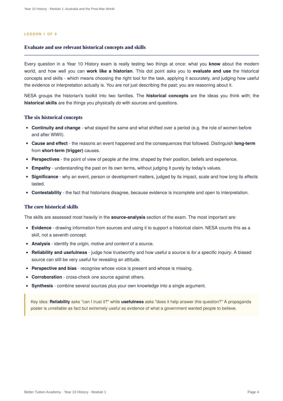 Sample page 3 of the Australia and the Post-War World study guide