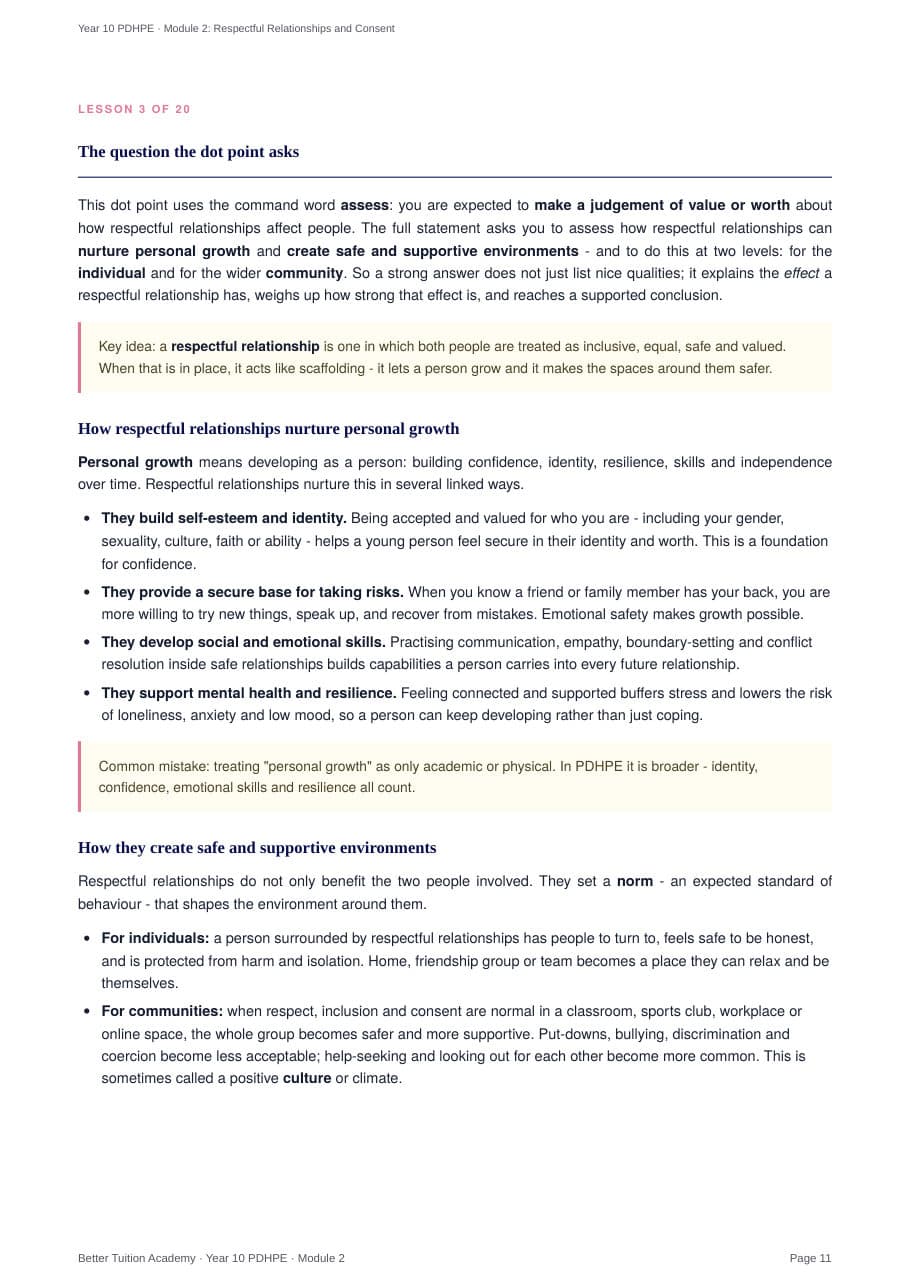 Sample page 4 of the Respectful Relationships and Consent study guide