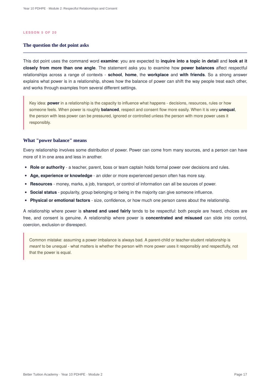 Sample page 5 of the Respectful Relationships and Consent study guide