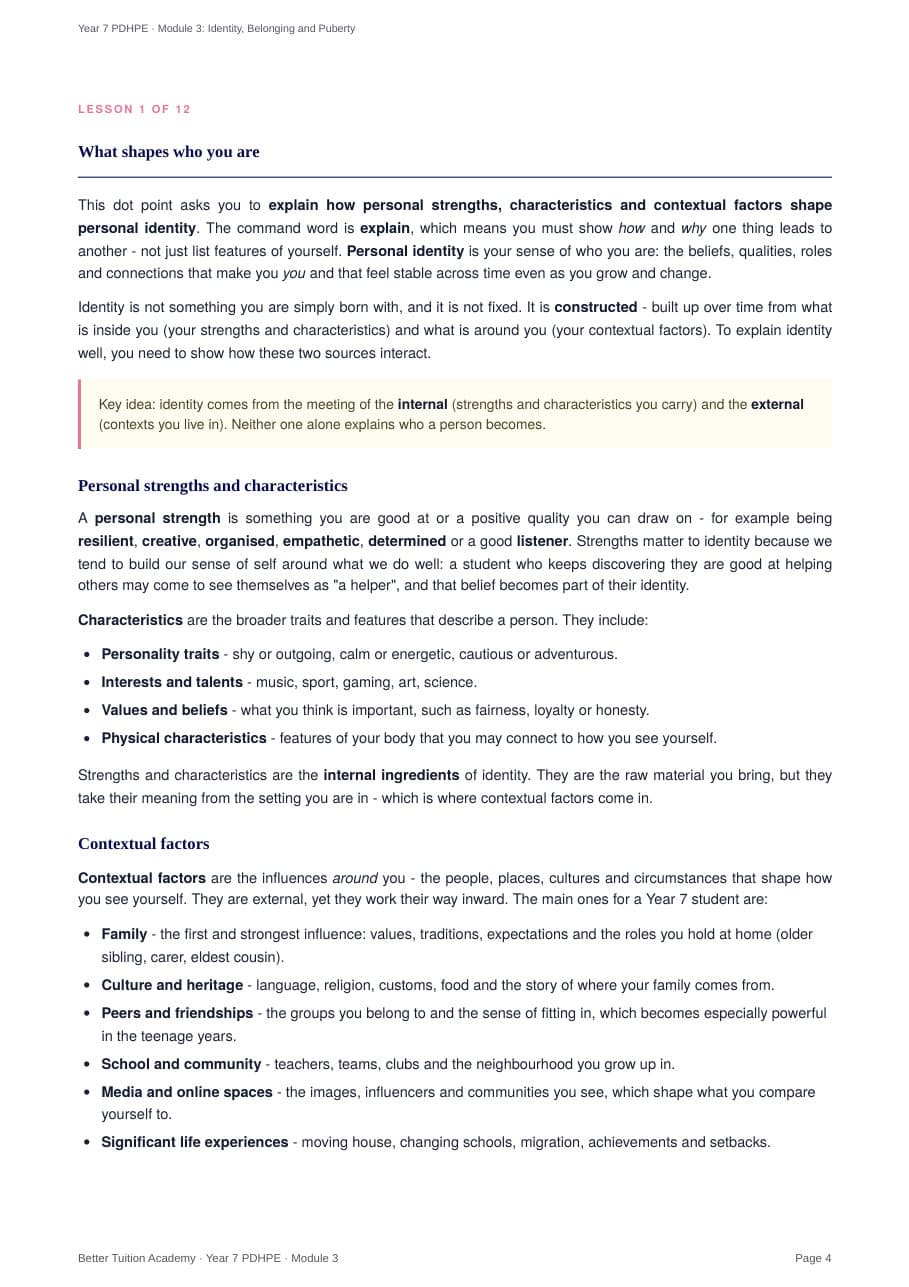 Sample page 3 of the Identity, Belonging and Puberty study guide