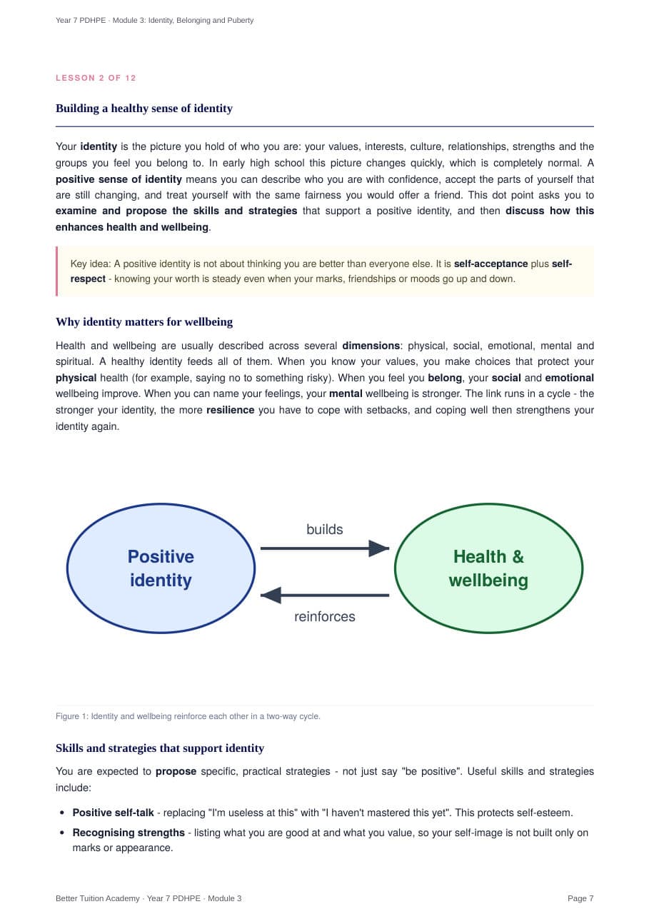 Sample page 4 of the Identity, Belonging and Puberty study guide