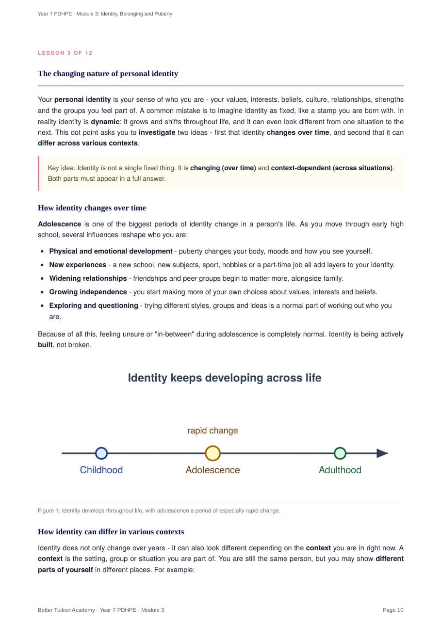 Sample page 5 of the Identity, Belonging and Puberty study guide