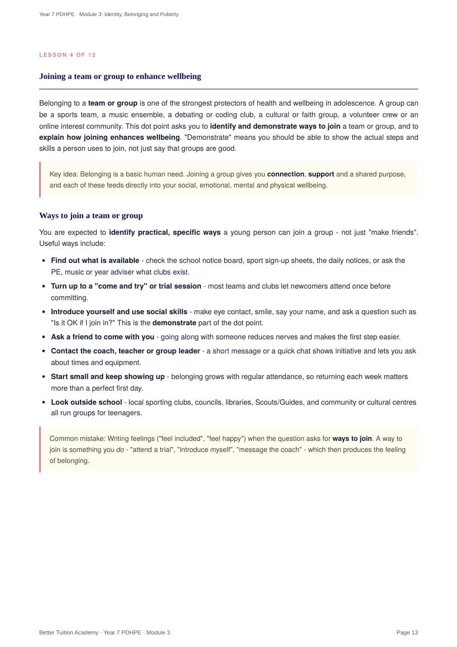 Sample page 6 of the Identity, Belonging and Puberty study guide