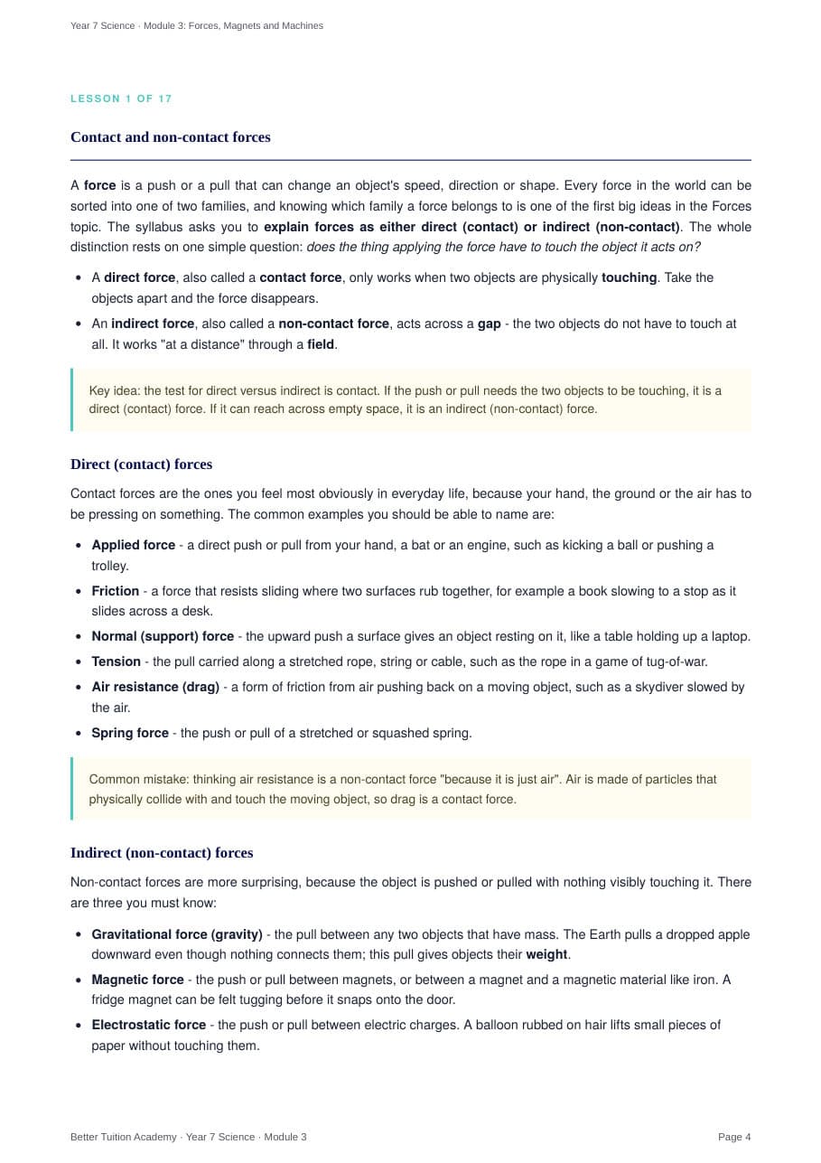 Sample page 3 of the Forces, Magnets and Machines study guide