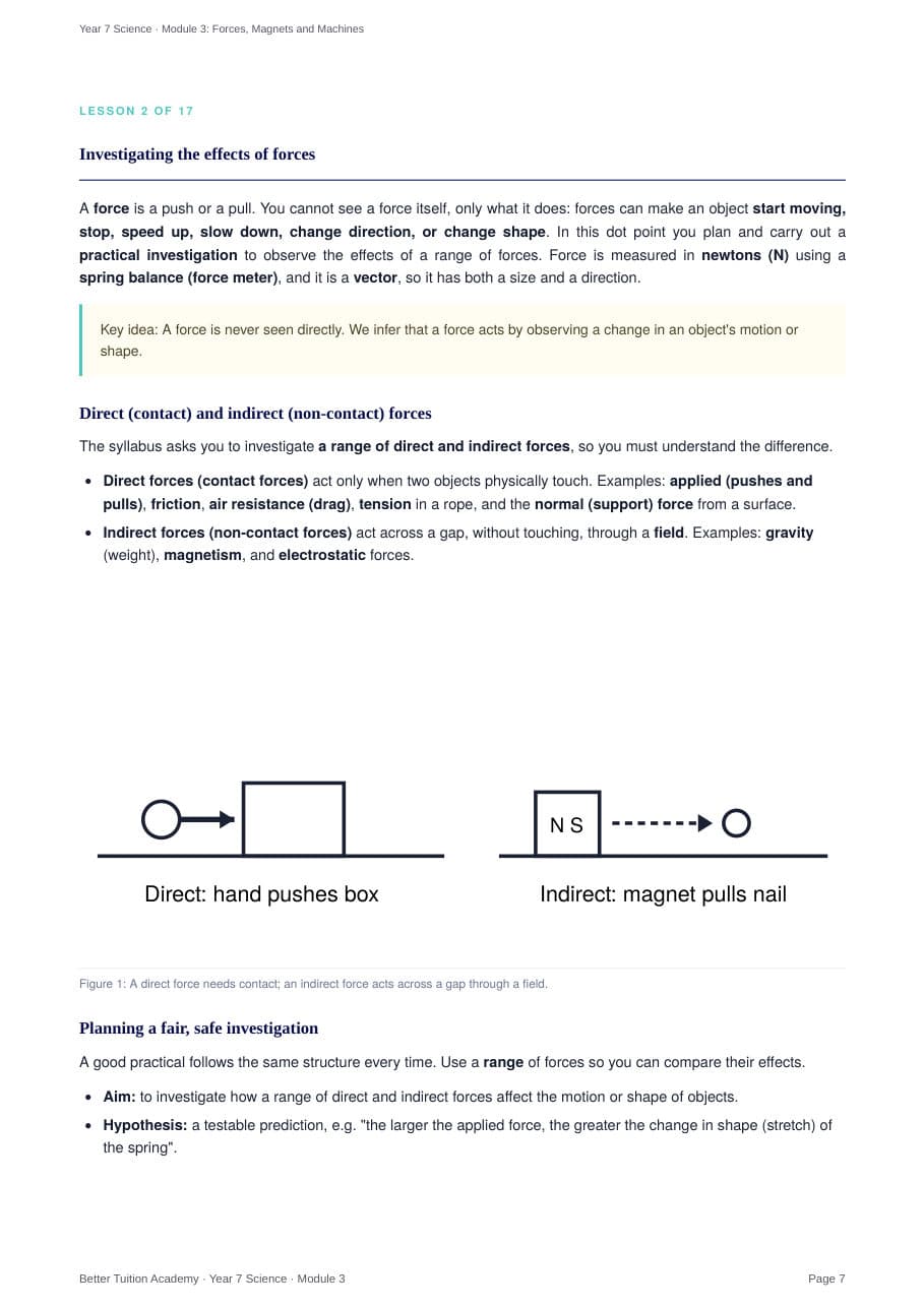 Sample page 4 of the Forces, Magnets and Machines study guide