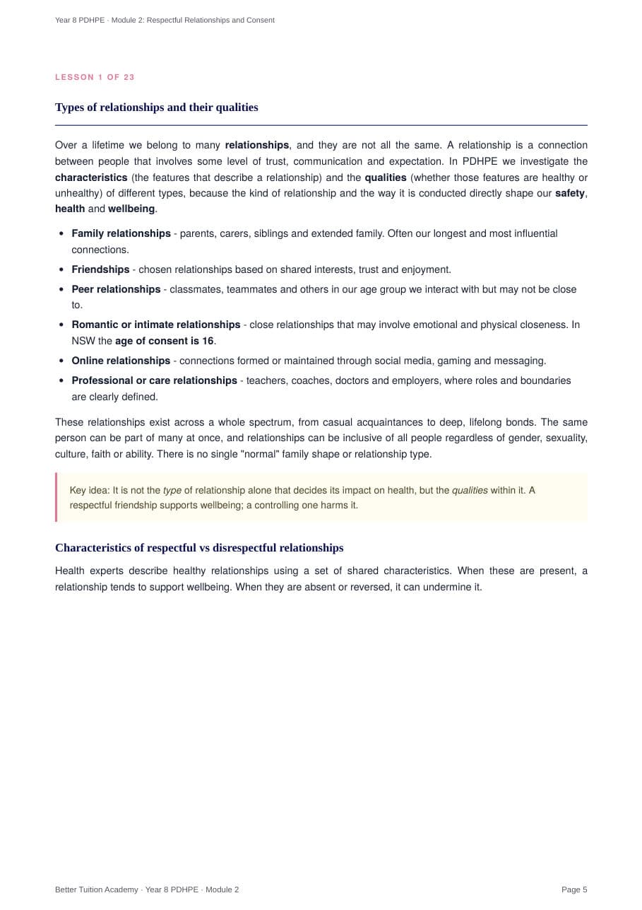 Sample page 3 of the Respectful Relationships and Consent study guide