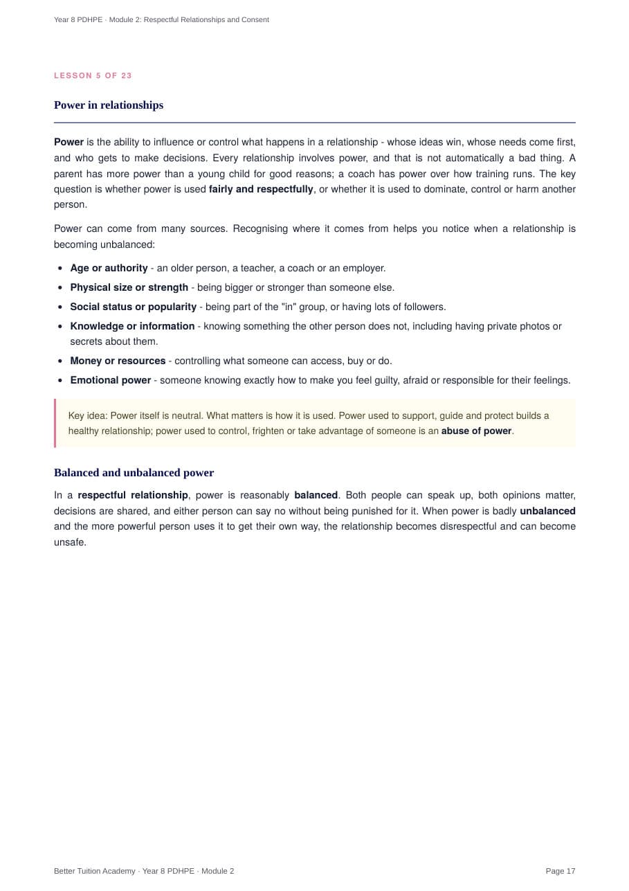 Sample page 5 of the Respectful Relationships and Consent study guide