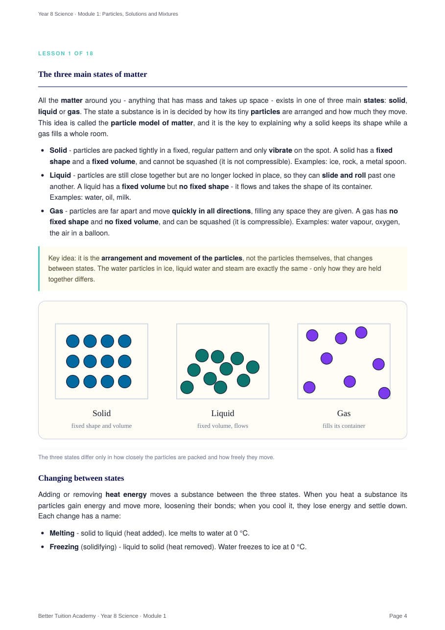 Sample page 3 of the Particles, Solutions and Mixtures study guide