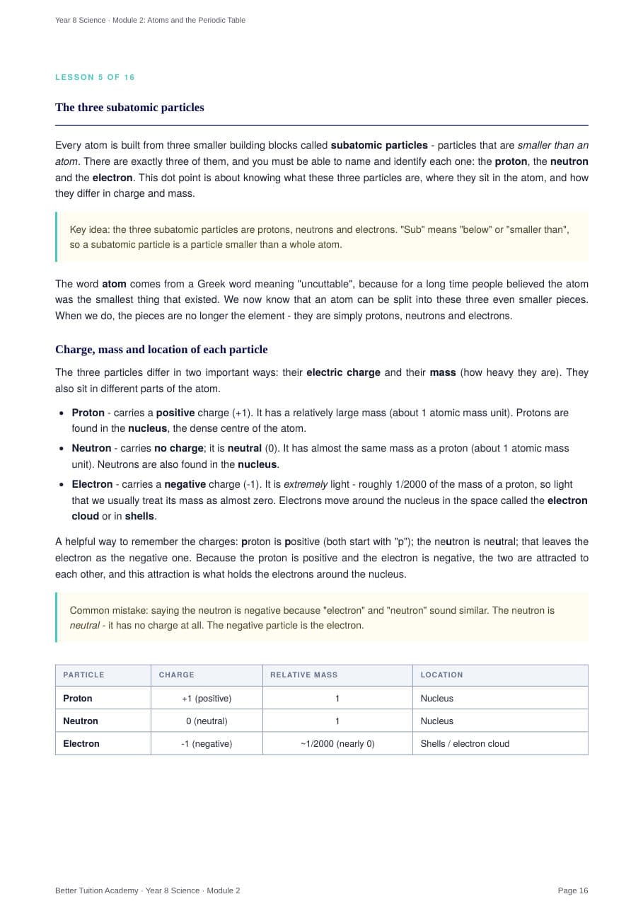 Sample page 6 of the Atoms and the Periodic Table study guide