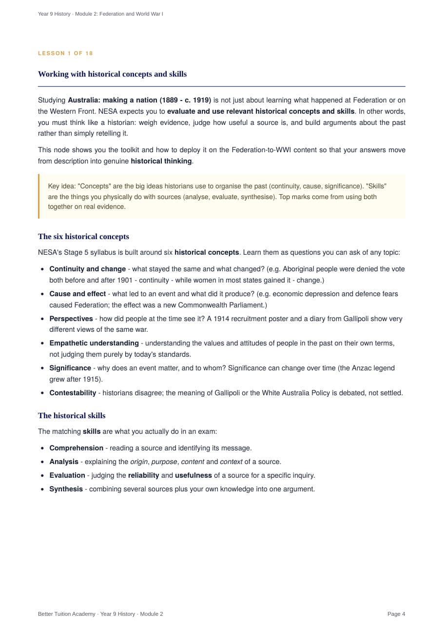 Sample page 3 of the Federation and World War I study guide