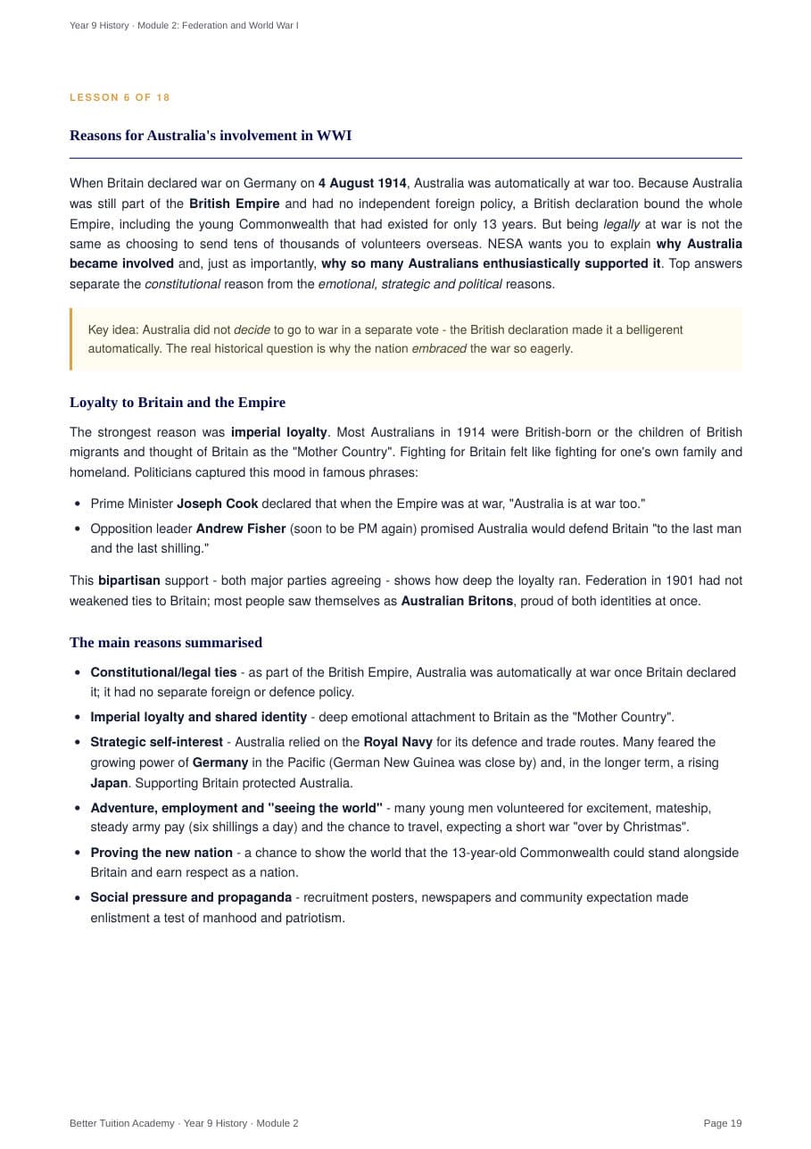 Sample page 6 of the Federation and World War I study guide