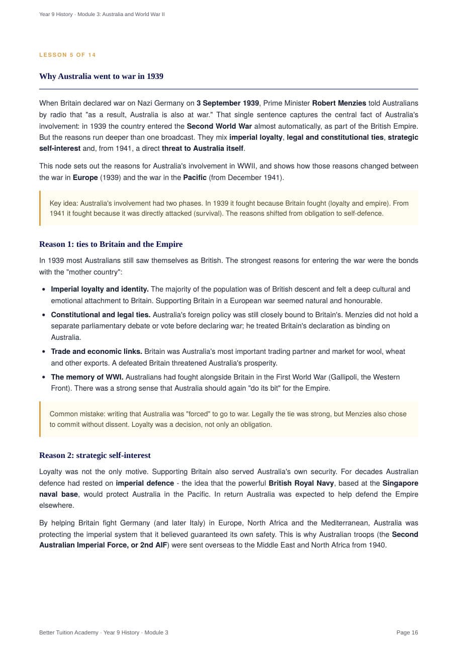 Sample page 6 of the Australia and World War II study guide
